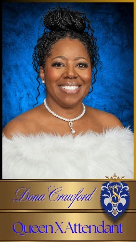 Complete royal portrait card of Dona Crawford, Queen X Attendant, with the printed name and Symphony crest