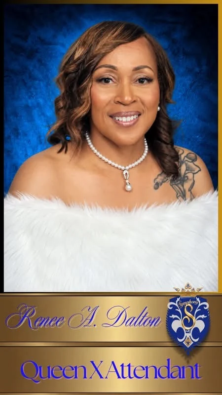 Complete royal portrait card of Renee A. Dalton, Queen X Attendant, with the printed name and Symphony crest