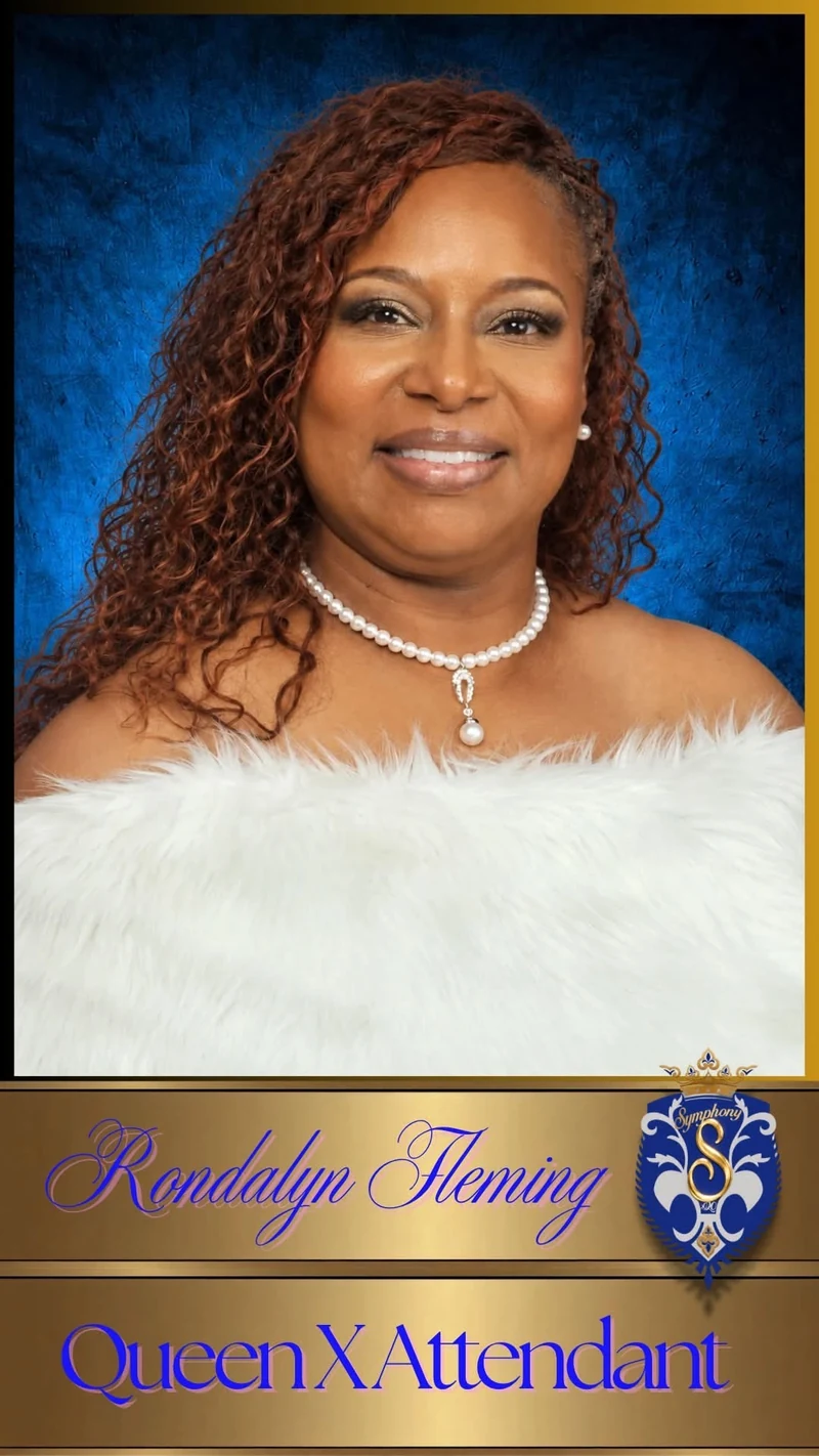 Complete royal portrait card of Rondalyn Fleming, Queen X Attendant, with the printed name and Symphony crest