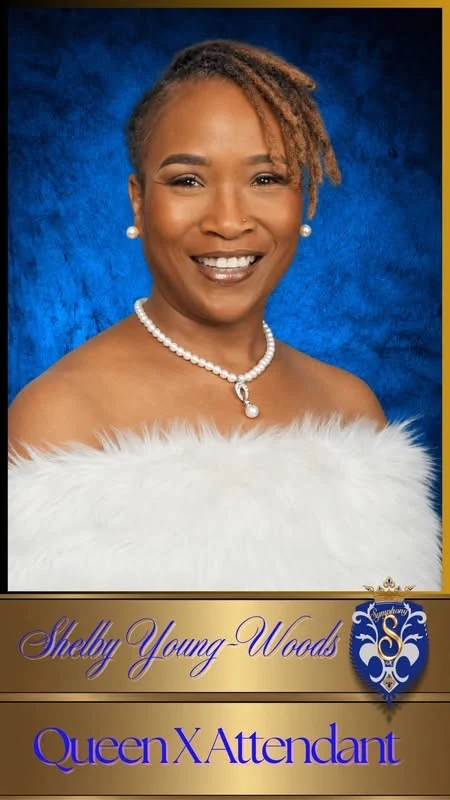 Complete royal portrait card of Shelby Young-Woods, Queen X Attendant, with the printed name and Symphony crest
