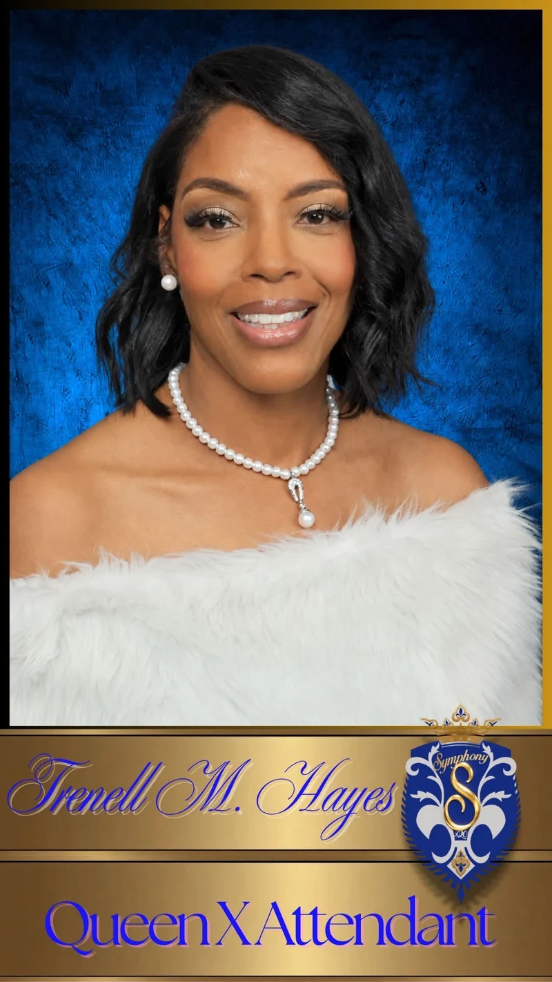 Complete royal portrait card of Trenell M. Hayes, Queen X Attendant, with the printed name and Symphony crest